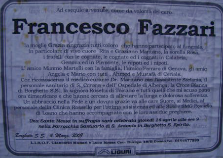 Manifesto di ringraziamento funerale FAZZARI Francesco
