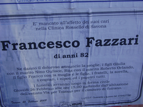 Il manifesto che annunciò la morte del Francesco FAZZARI...